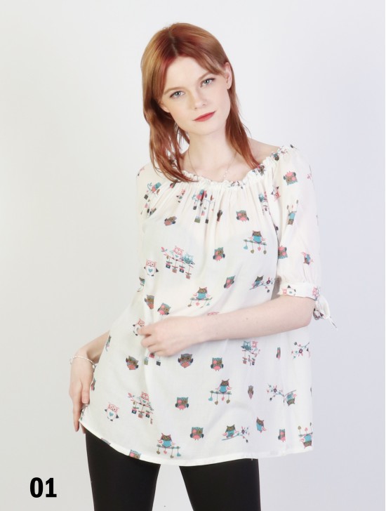 Off The Shoulder Owl Pattern Blouse W/ Ribbon Detail